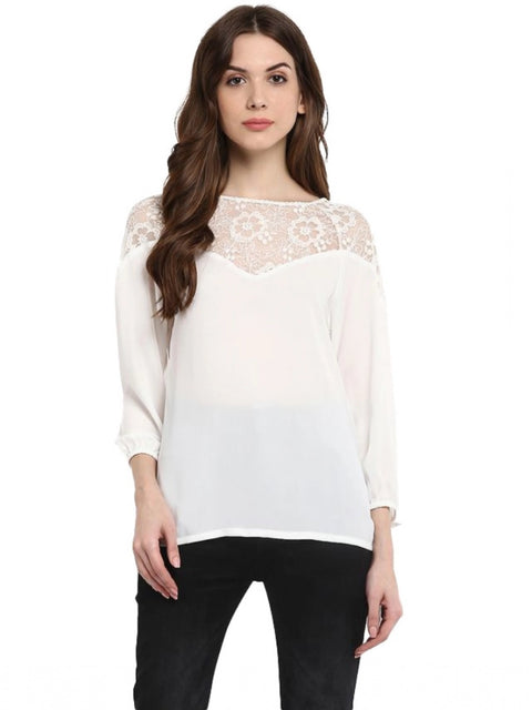 Generic Women's Polyester Georgette Self Design 3-4th Sleeves Regular Top (White)