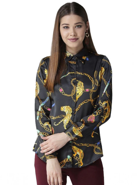 Generic Women's Satin Printed Long Sleeves Standard Length Shirt (Black - Gold)