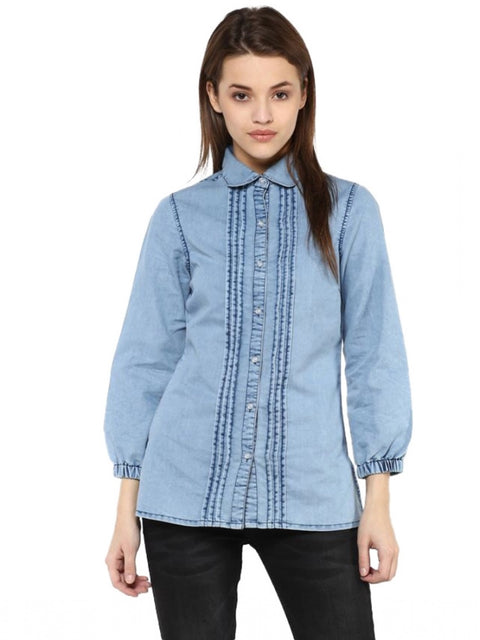 Generic Women's Denim Solid 3-4th Sleeves Standard Length Shirt (Blue)
