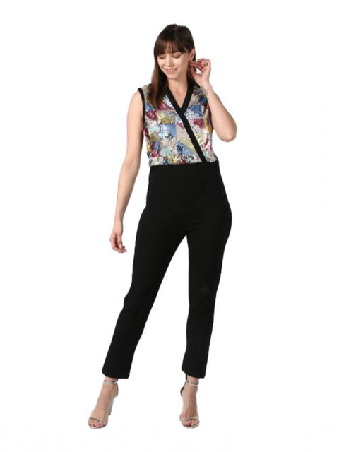 Generic Women's Polyester Embellished Sleeveless Jumpsuit (Black)