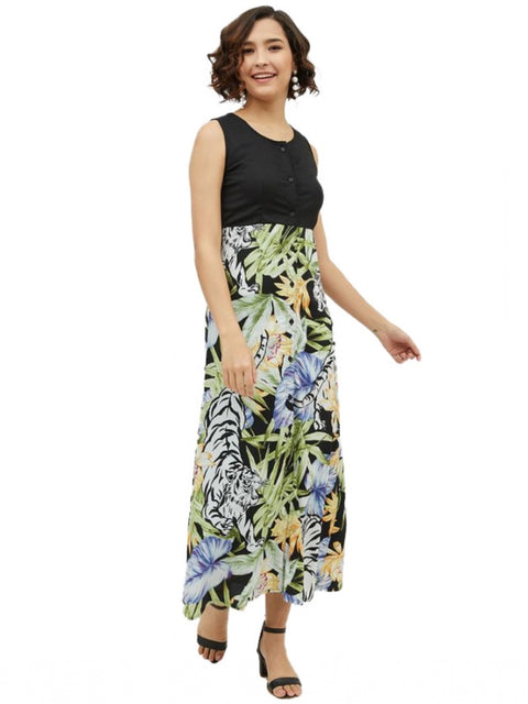 Generic Women's Rayon Floral Sleeveless Calf-length Dress (Multicolor)