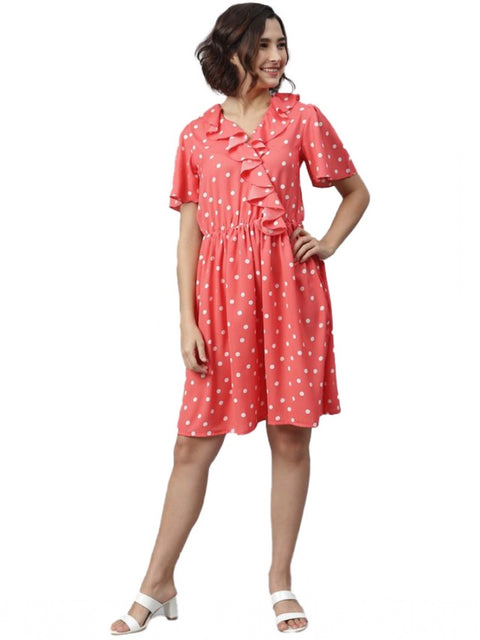 Generic Women's Polyester Polka Flutter Above Knee Dress (Coral)