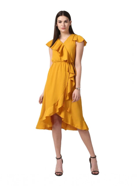 Generic Women's Polyester Ruffled Cap Sleeve Knee-Length Dress (Yellow)