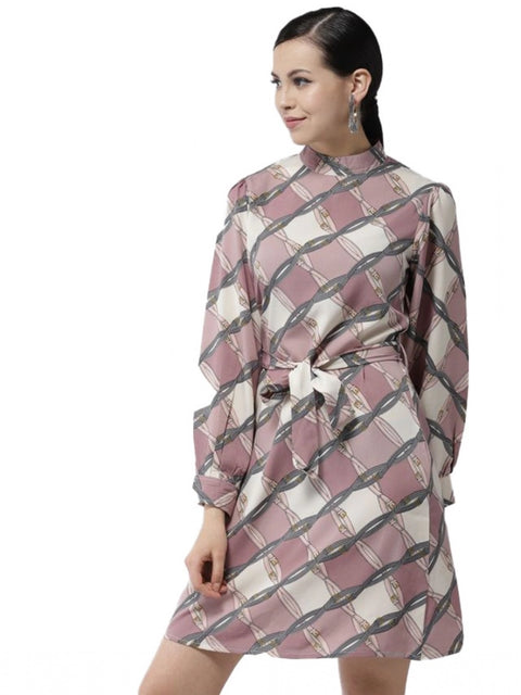 Generic Women's Polyester Checkered Long Sleeves Above Knee Dress (Off White - Lavender)