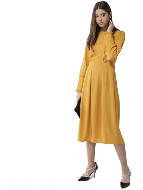 Generic Women's Polyester Pintuck Long Sleeves Below Knee Dress (Yellow)