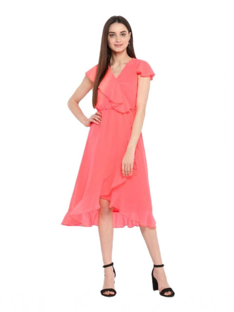 Women's Polyester Ruffled Cap Sleeve Below Knee Dress (Coral Pink)