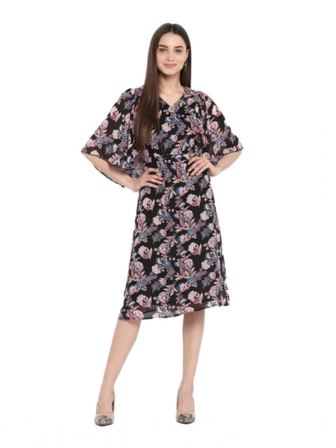 Women's Polyester Floral Short Sleeve Knee-Length Dress (Black - Multicolor)