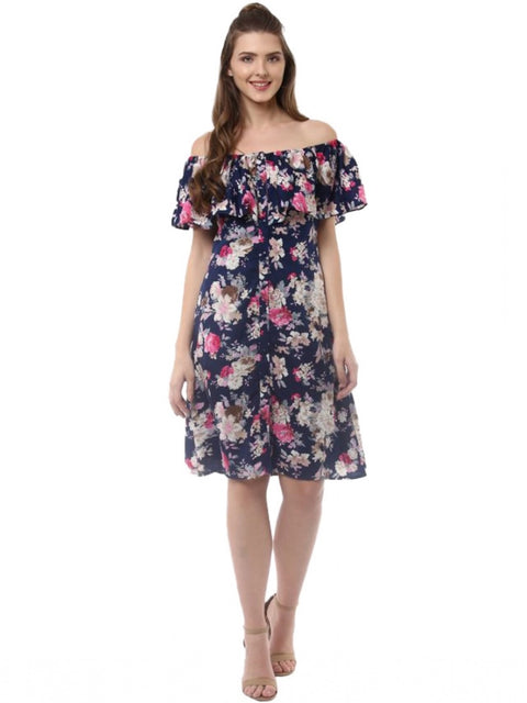 Women's Polyester Crepe Floral Half Sleeve Above Knee Dress (Navy Blue)