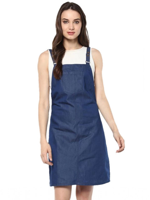 Women's Denim Solid Shoulder Straps Above Knee Dress (Blue)