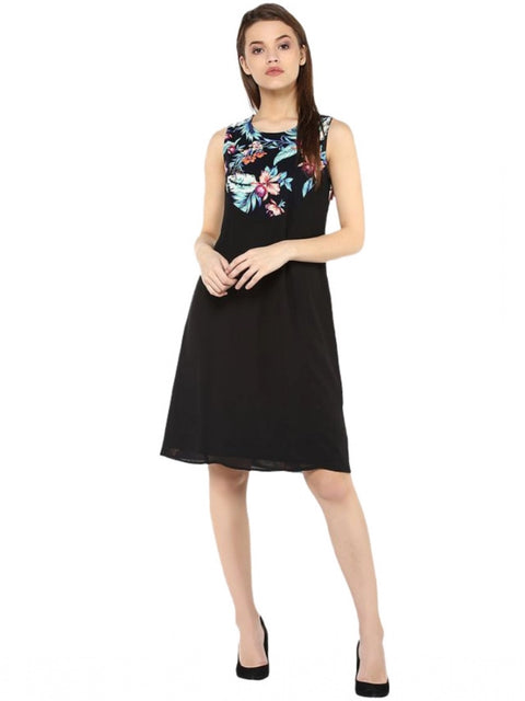 Women's Polyester Printed Sleeveless Above Knee Dress (Black - Multicolor)