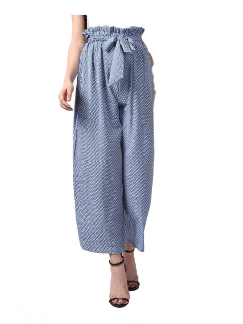 Generic Women's Polyester Striped Elasticated Trousers (Blue)
