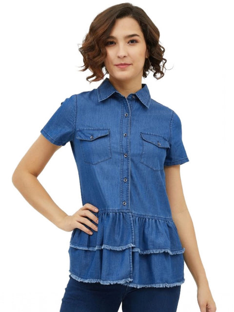 Generic Women's Denim Peplum Short Sleeve Top (Blue)