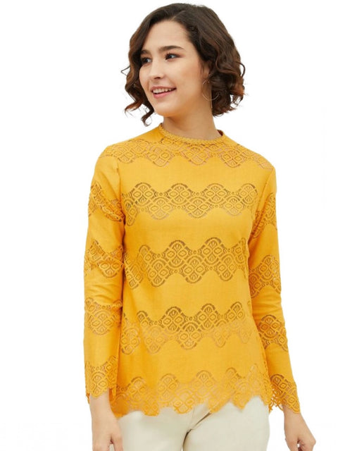 Generic Women's Cotton Lace Inserts Long Sleeves Top (Yellow)
