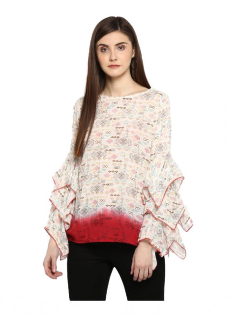 Generic Women's Rayon Crepe Printed Ruffle Sleeve Top (Off White - Red)