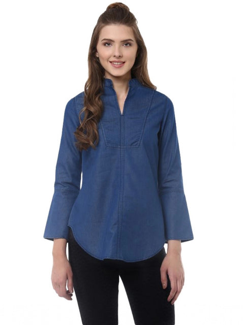 Generic Women's Denim Solid Bell Sleeve Regular Top (Blue Denim)