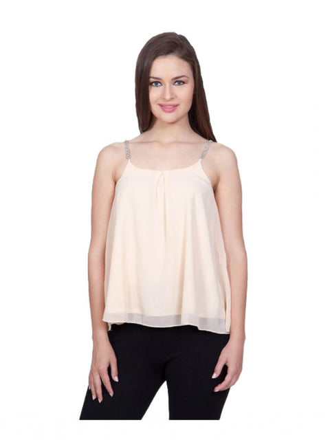 Generic Women's Polyester Solid Shoulder Straps Regular Top (Beige)