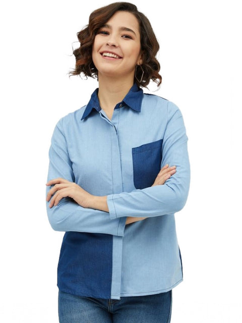 Generic Women's Denim Patch Work Long Sleeves Standard Length Shirt (Blue)