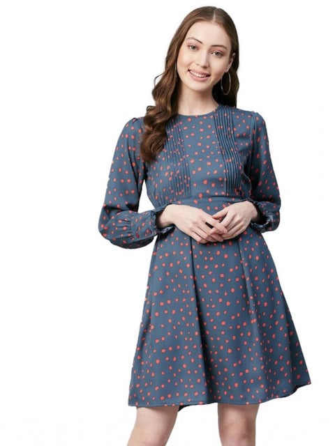 Generic Women's Polyester Polka Long Sleeves Above Knee Dress (Grey - Coral)