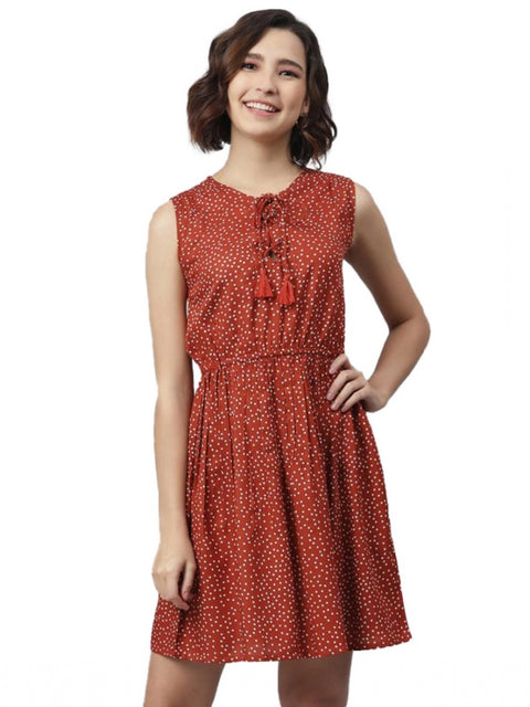 Generic Women's Rayon Polka Sleeveless Above Knee Dress (Rust)