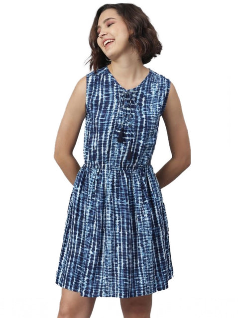 Generic Women's Rayon Tie & Dye Sleeveless Above Knee Dress (Blue)