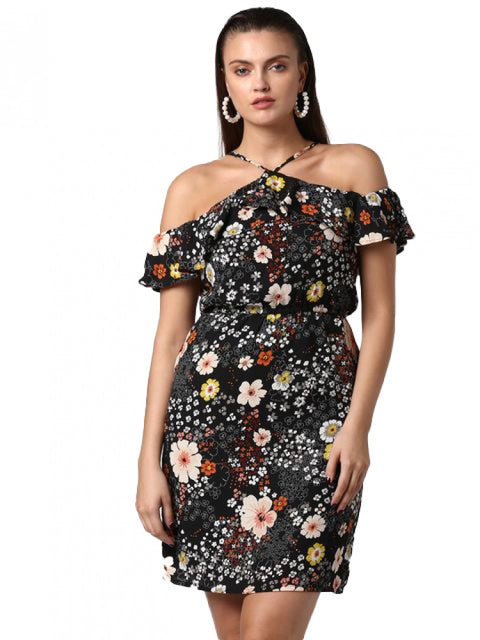 Generic Women's Polyester Floral Cold Shoulder Above Knee Dress (Black)