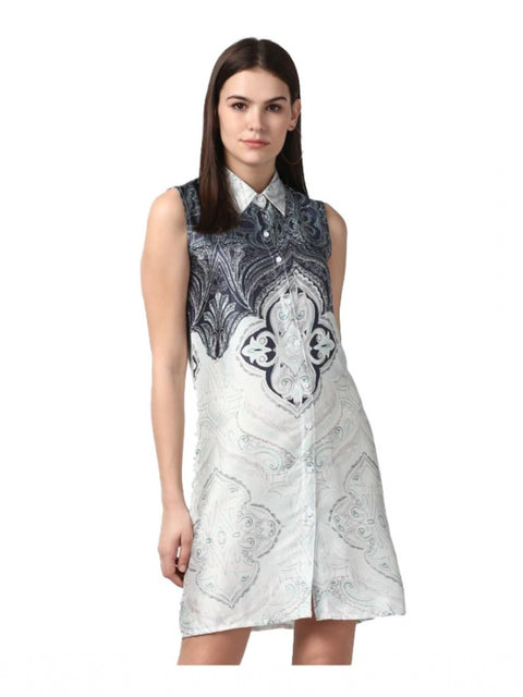 Generic Women's Polyester Printed Sleeveless Above Knee Dress (Blue)