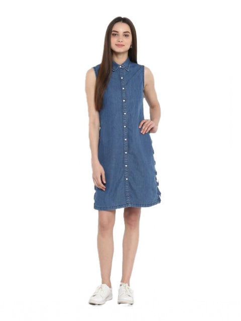 Generic Women's Denim Solid Sleeveless Above Knee Dress (Blue)