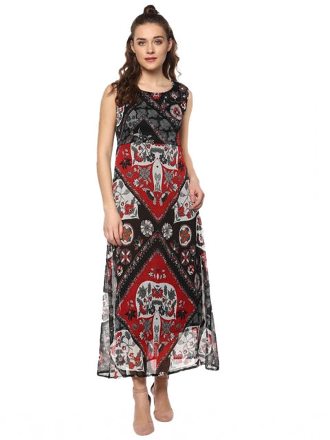 Women's Polyester Printed Sleeveless Dress (Red - Black)