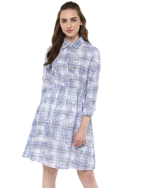 Women's Cotton Checkered Roll Up Sleeve Above Knee Dress (Blue)