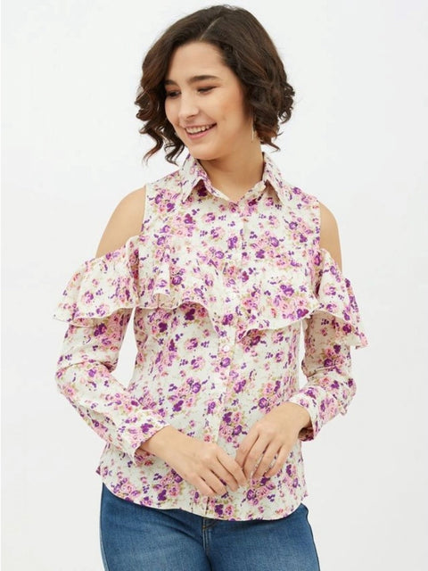 Generic Women's Polyester Floral Cold Shoulder Standard Length Shirt (White)