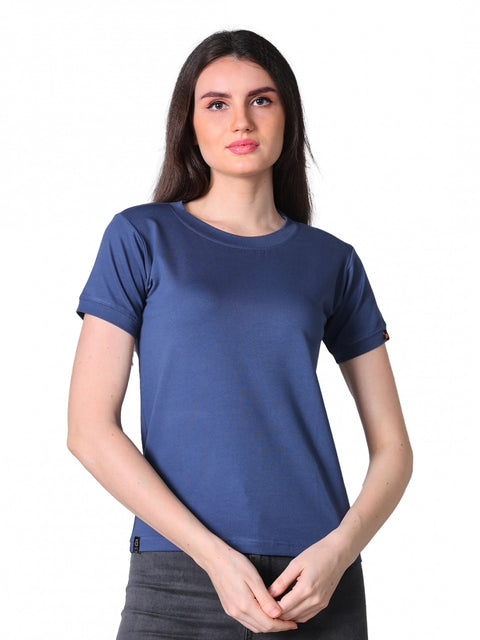 Generic Women's Cotton Blended Solid Round Neck Half Sleeve T-Shirt (Blue)