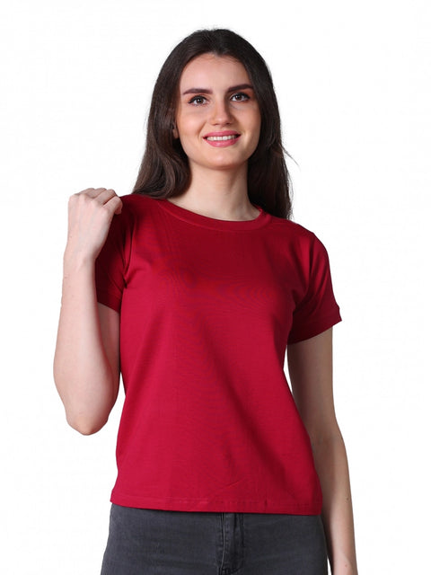 Generic Women's Cotton Blended Solid Round Neck Half Sleeve T-Shirt (Maroon)