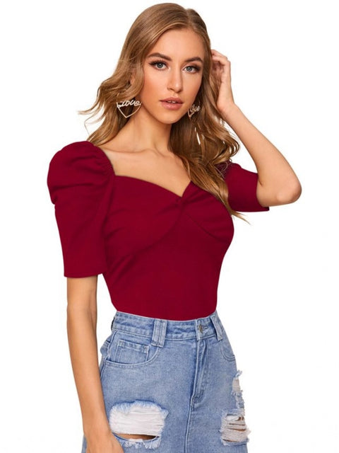 Generic Women's Polyester Solid Puff Short Sleeves Sweetheart Neck Top (Maroon)