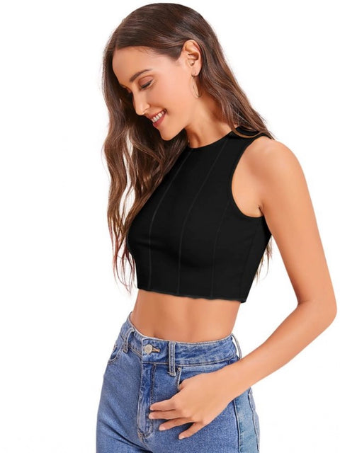 Generic Women's Polyester Solid Sleeveless Round Neck Top (Black)
