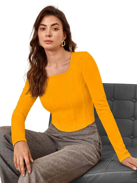 Generic Women's Polyester Solid Full Sleeves Square Neck Top (Yellow)