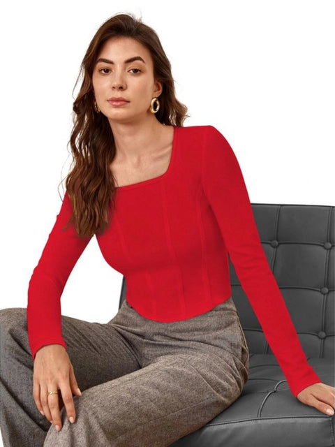Generic Women's Polyester Solid Full Sleeves Square Neck Top (Red)