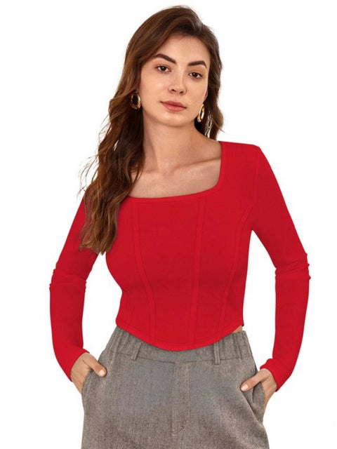 Generic Women's Polyester Solid Full Sleeves Square Neck Top (Red)