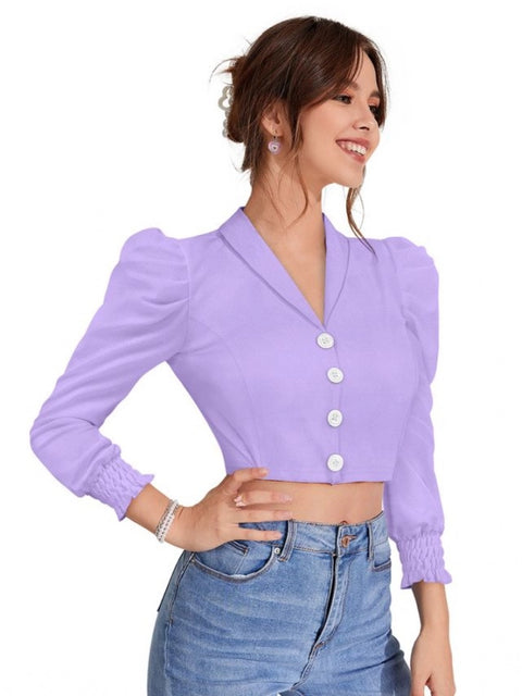 Generic Women's Polyester Solid Puff Sleeves Lapel Collar Top (Purple)