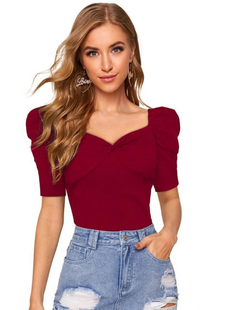 Generic Women's Polyester Solid Puff Short Sleeves Sweetheart Neck Top (Maroon)