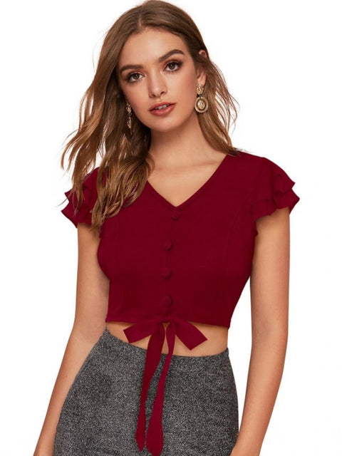 Generic Women's Polyester Solid Short Sleeves V Neck Top (Maroon)