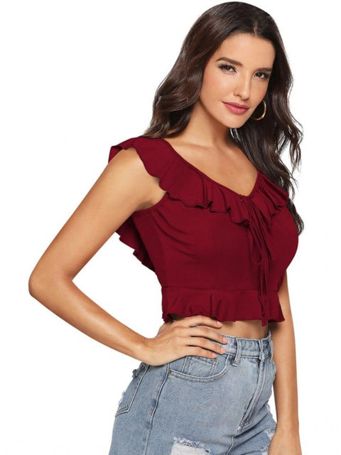 Generic Women's Polyester Solid Sleeveless Ruffle Neck Top (Maroon)
