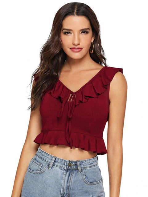 Generic Women's Polyester Solid Sleeveless Ruffle Neck Top (Maroon)
