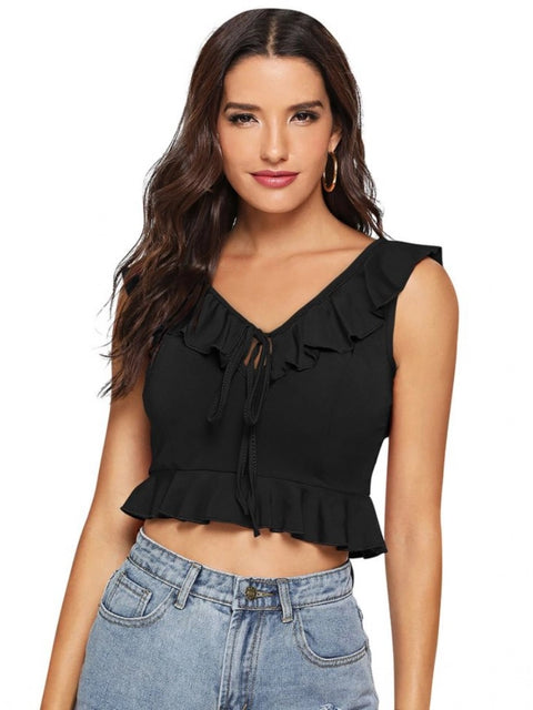 Generic Women's Polyester Solid Sleeveless Ruffle Neck Top (Black)