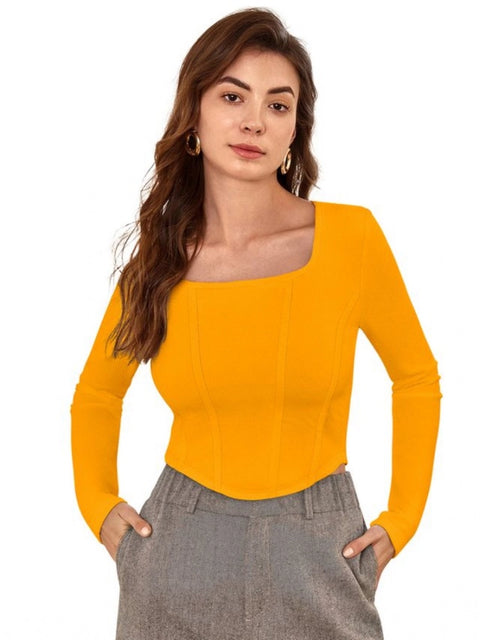Generic Women's Polyester Solid Full Sleeves Square Neck Top (Yellow)