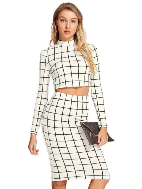 Generic Women's Polyester Checkered Full Sleeves Stand Collar Crop Top Skirt Set (White)