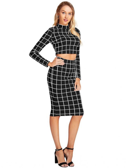 Generic Women's Polyester Checkered Full Sleeves Stand Collar Crop Top Skirt Set (Black)