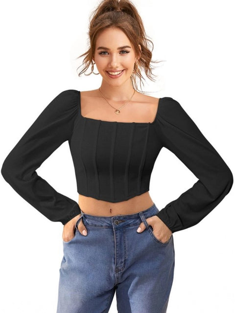 Generic Women's Polyester Solid Long Sleeves Square Neck Top (Black)