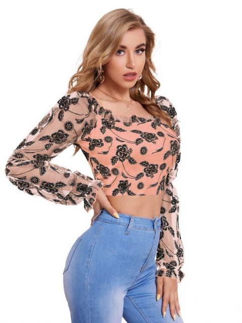 Generic Women's Polyester Solid Full Sleeves Square Collar Top (Peach)