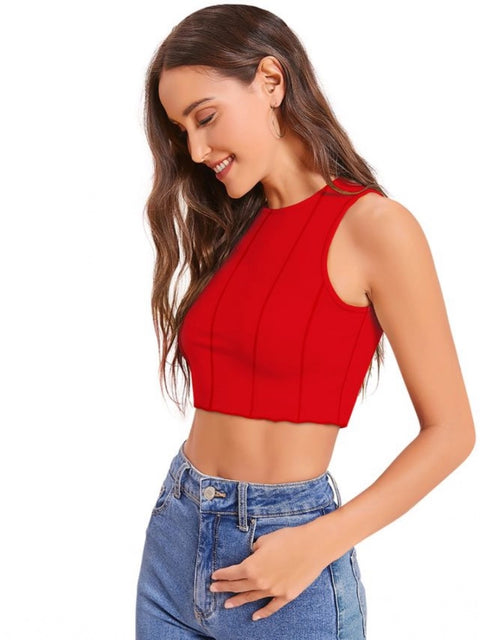 Generic Women's Polyester Solid Sleeveless Round Neck Top (Red)