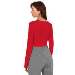 Generic Women's Polyester Solid Full Sleeves Square Neck Top (Red)